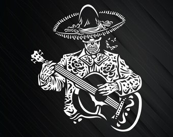 Guitar Player Skull Art SVG file digital illustration, digital download Mexican folk art vector design