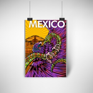 May include: A colorful illustration of a purple eagle with a green and yellow snake wrapped around its talons. The eagle is perched on top of a pyramid with the word "MEXICO" in white letters above it.