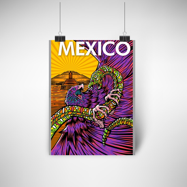 May include: A colorful illustration of a purple eagle with a green and yellow snake wrapped around its talons. The eagle is perched on top of a pyramid with the word "MEXICO" in white letters above it.