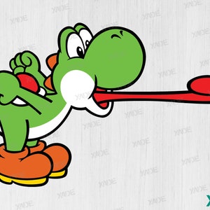 Może przedstawiać: Zielona postać z kreskówki z długim, czerwonym językiem wystającym na zewnątrz. Postać ma biały brzuch i pomarańczowe buty.