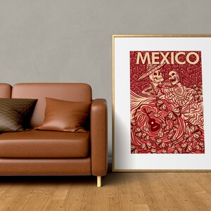 May include: A vintage-style poster with a red, white, and black color scheme. The poster features two skeletons dressed in traditional Mexican clothing, with the word "MEXICO" in large, bold letters at the top.