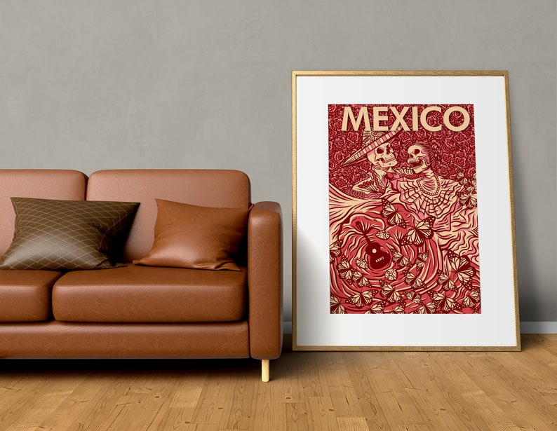 May include: A vintage-style poster with a red, white, and black color scheme. The poster features two skeletons dressed in traditional Mexican clothing, with the word "MEXICO" in large, bold letters at the top.
