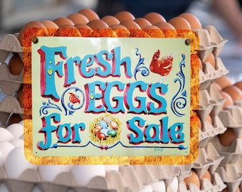 Puede incluir: Un letrero que dice "Fresh Eggs For Sale" con una gallina de dibujos animados y un nido de huevos, frente a cartones de huevos apilados llenos de huevos marrones y blancos. El letrero tiene un borde decorativo y está sujeto con clavos pequeños.