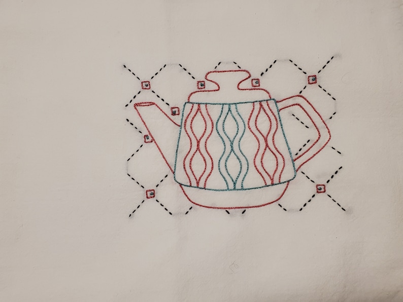 Set of 2 Hand Embroidered Mint Tea Teapot and Cup 33 x 38 inch Flour Sack Dishtowels