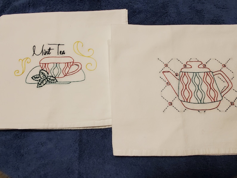 Set of 2 Hand Embroidered Mint Tea Teapot and Cup 33 x 38 inch Flour Sack Dishtowels