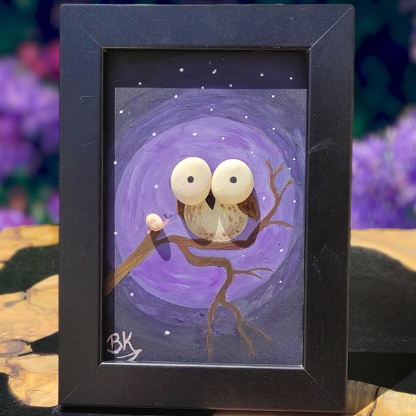 Lttle Barn Owl Hand Panted Pebble, Amulet Owl Rock, Plant Pot