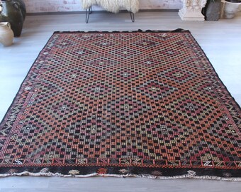 Vintage Kilim Rug, Ethnic Flat Rug, Bohemian Kilim Rug, Vintage Area Kilim, Handwoven Turkish Kilim Rug / N-1072 / 7'X9'5"