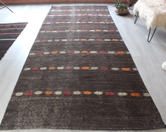 Black Wide Runner, Ethnic Wide Kilim Runner , Bohemian Striped Rug Runner / N-1360 / 4'7"x12'