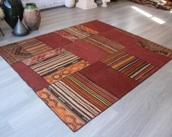 Terra Cotta Patchwork Kilim Rug, Bohemian Red Rug, Handwoven Wool Rug / N-1913 / 5'5''x6'5''