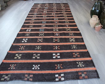 Wide Kilim Runner, Ethnic Kilim Runner, Black  Striped Runner , Ethnic Kilim Runner Rug , Bohemian  Runner / N-795 / 5'x14' feet