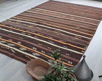 Bohemian  Striped Rug, Brown Striped Rug, Handwoven Natural Wool Kilim Rug / N-2038 / 6'1''x10'5''