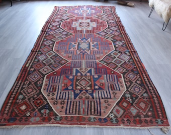 Antique Caucasian  Kilim Runner, Star Design Ethnic Kilim Runner, Wide, Handwoven Kilim Runner Rug, Vintage Kilim Runner / N-1301 / 5'x12'5"