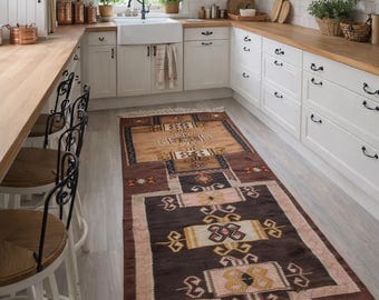 Bohemian Runner, 3'3''X7'8'' Handwoven Boho Style Runner , Ethnic Brown Runner / N-2096