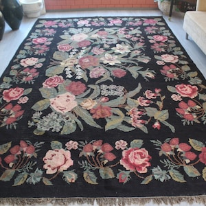 Vintage Karabagh Kilim , Large Floral Rug, Black Floral Rug, Vintage Kilim Rug Rose Design Kilim Rug / 7&#39;6&quot;x12&#39;1&quot; feet / N-334