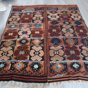 Antique Anatolian Kilim Rug, Antique Van Kilim, Ethnic Turkish Flat Rug / N-1424 / 5&#39;4&quot;x6&#39;2&quot;
