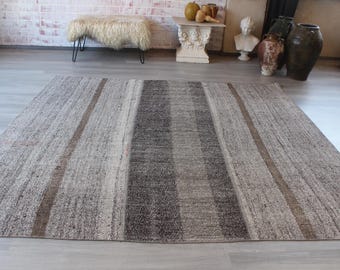 Grijze wollen kelimtapijt, bohogrijs vloerkleed / N-2016 / 7'3'' x 7'6''