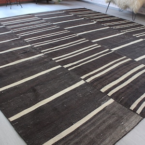 Striped Kilim Rug, Vintage Striped Rug, Bohemian Striped Kilim Rug, Black-White Striped Kilim Rug / N-863 /