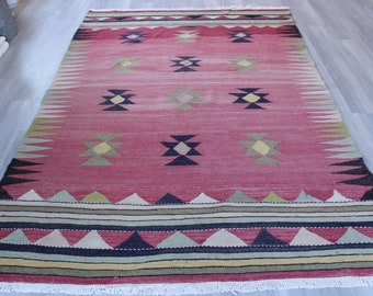 Ethnic Kilim Rug, Vintage Anatolian Kilim, Flat Woven Pink Rug, Ethnic Turkish Kilim Rug, Bohemian Colored Rug / N-1147 / 5'9"x8'4"