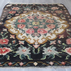 Vintage Karabagh Kilim Rug, Ethnic Floral Kilim Rug, Black Floral Kilim / N- 1346 / 5&#39;8&quot;x7&#39;6&quot;