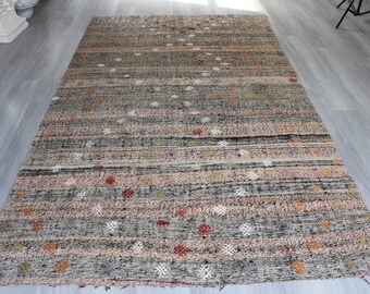Grey Striped Kilim Rug, Ethnic Striped Rug, Bohemian Rug, Grey Wool Kilim Rug / N-1370 / 5'7"x9'5"