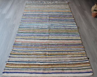 Alfombra de trapo vintage, alfombra de trapo étnica, alfombra de trapo boho, alfombra de trapo a rayas / 4'7"x8'5" pies / N-547