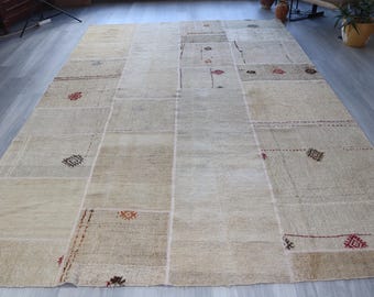Beige Hemp Rug, 7'2''x11' Patchwork Hemp Area Rug , Large Hemp Rug / N-2098