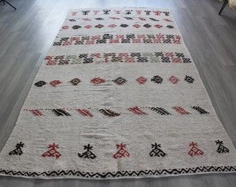 Natural Wool Kilim Rug, Ethnic Beige Rug, Organic Wool  Ethnic Rug, Bohemian Style Kilim Rug / N- 1357 /  4'8"x8'7"