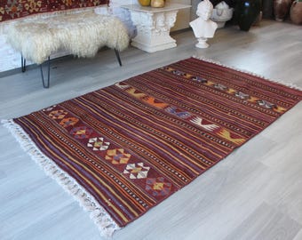Striped Kilim Rug, Bohemian Rug, Ethnic Striped Rug  / N-1978 /  4'2''x6'6''