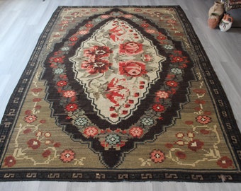 Large Floral Kilim , Ethnic Floral Kilim Rug, Vintage Karabagh Kilim, Bohemian Kilim Rug / N-329 / 6'8"x10'3" feet