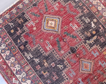 Soumak  Rug, Red-Blue Soumak Kilim, Ethnic Animal Embroidered Rug, Vintage Soumak Kilim Rug / N-1230