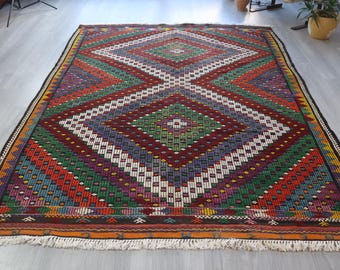 Bohemian Handwoven Vintage Kilim Rug, Colored Wool Rug, 6'8''x8'9'' / N-2090