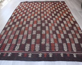Vintage Brown Kilim, Ethnic Brown Kilim Rug , Boho Brown Kilim Rug , Large Vintage Kilim Rug, Large Brown Kilim /  7'4"X11' feet / N-756