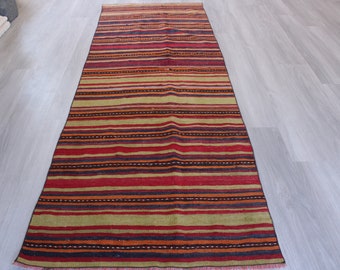 Può includere: Un tappeto lungo e stretto a strisce con uno schema di colori rosso, arancione, giallo e nero. Il tappeto ha una trama tessuta e un bordo a frangia.