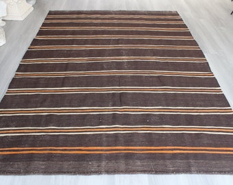 Braun gestreifter Teppich, Natürlicher Kelim Teppich aus Wolle / N-1398
