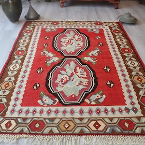 Ethnic Floral Kilim Rug, Special Red  Kilim, Karabagh Kilim, Vintage Area Kilim Rug / 5&#39;4&quot;x7&#39;2&quot; / N-530
