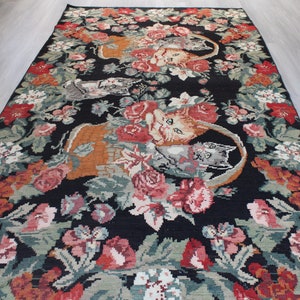5&#39;9&quot;x10&#39;8&quot; ft ,Vintage Karabagh Kilim Rug, Ethnic Kilim Rug, Kitty Design Kilim Rug, Black Floral Kilim Rug , Bohemian Floral Kilim / n-829