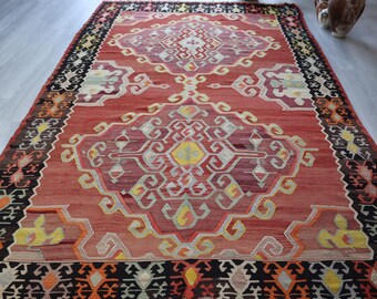 Large Vintage Kilim, Bohemian Flat Rug, Handwoven Ethnic Red Kilim ( 6'5''x10'9'' ) N-2151