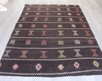 Brown  Kilim Rug, Vintage Brown Rug, Striped Brown Kilim Rug , Handwoven  Wool Kilim Rug / N-1500 / 5'4"x7'8"