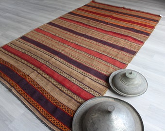 Striped Kilim , Ethnic Kilim Rug, Camel Wool Kilim, Bohemian Kilim Rug, Decorative Kilim Rug, Handwoven Wool Kilim / N-1004 / 4'8"x8'5"