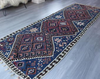 Antique Van Kilim Runner, Ethnic Blue Runner, Handwoven Wool Runner , Bohemian Blue Runner Rug / N-1300 / 3'9"x11'2"