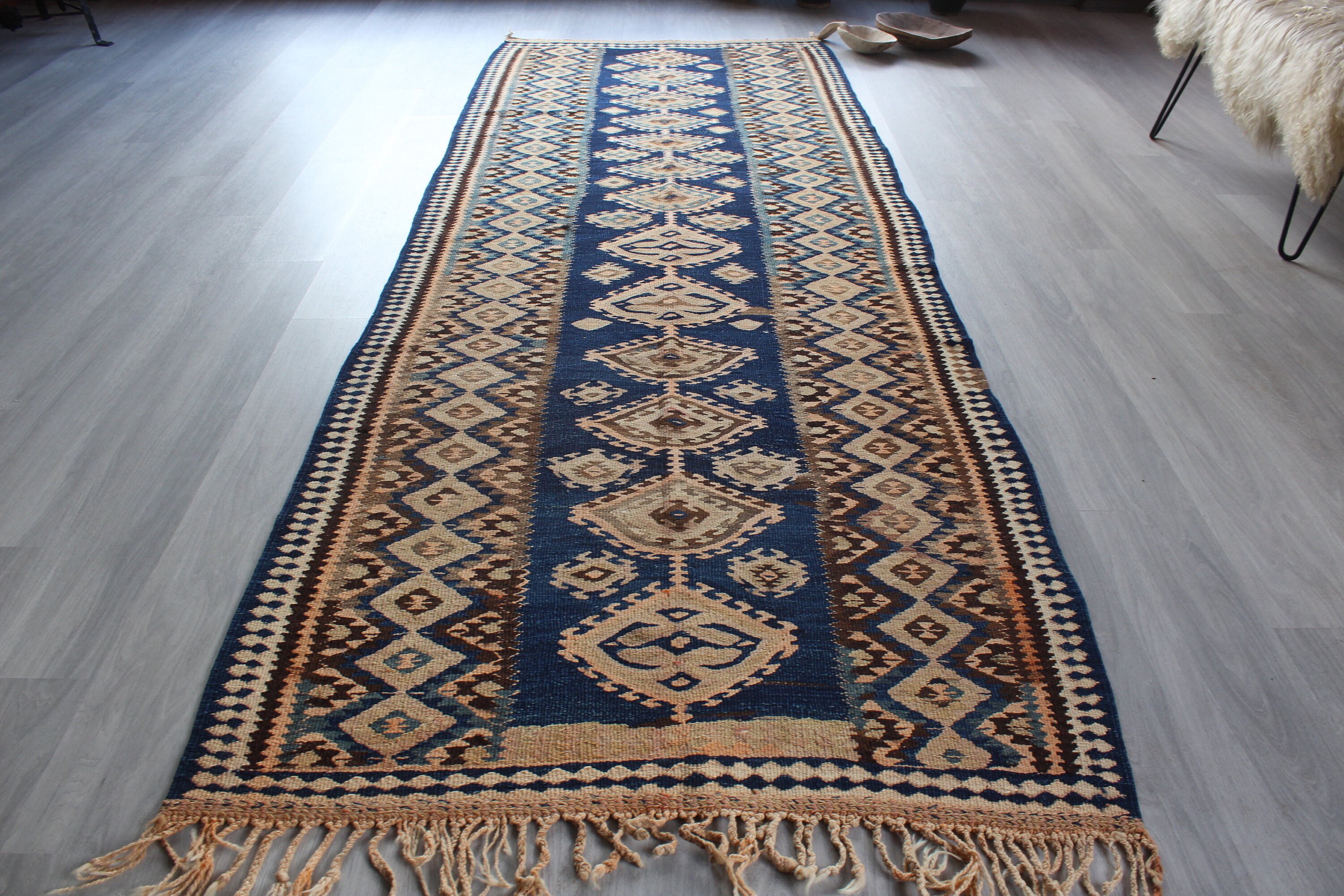 アンティーク キリム ランナー、アンティーク ブルー ベージュ キリム