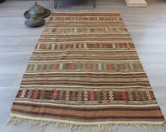 Vintage Kilim Rug, Striped Kilim Rug, Bohemian Kilim, Ethnic Handwoven Kilim, Anatolian Kellim / N-913 /