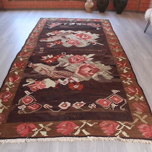 Brown Floral Kilim Rug, Ethnic Kilim Rug, Bohemian Kilim Rug , Brown Karabakh Kilim, Vintage Kilim Rug / N-11119 /  5&#39;4&quot;x11&#39; feet