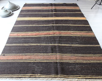 Alfombra Kilim a rayas negras, Kilim negro étnico, Kilim de diseño moderno, Boho Kilim, Kilim a rayas grandes / N-1005 / 4'8"x8'5" pies /