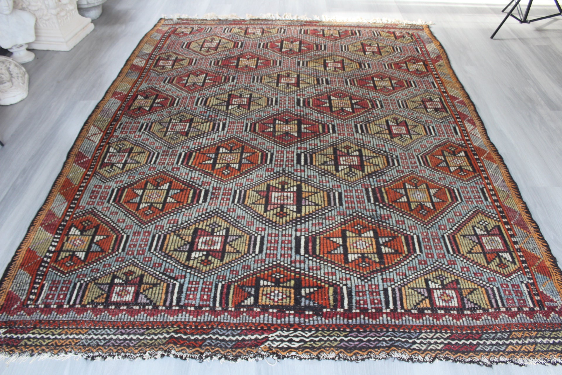 Star Design Kilim Rug, Ethnic Star Kilim, Large Bohemian