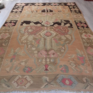 Large Vintage Kilim Rug, Large Ethnic Kilim Rug , Flat Woven Mute Rug , Large Bohemian Rug, Handweben Kellim / N-1206 / 6&#39;6&quot;x10&#39;