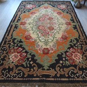 Vintage Karabagh Kilim, Ethnic Floral Kilim, Bohemian Black  Kilim, Large  Floral Kilim, Large  Ethnic Kilim, Boho Kilim / N-631  /
