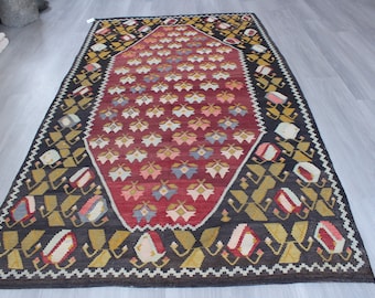 Antique Armenian Kilim Ethnic  Armenian Kilim, Ethnic Karabagh Kilim Rug, Bohemian Kilim Rug / P-1304 / 4'4"x7'9"