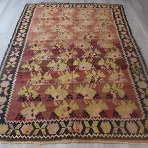 Vintage Karabagh Kilim, Ethnic Kilim, Rose Design Primitive Kilim Rug , Karabagh Kilim Rug / N-647 / 5&#39;3&quot;X8&#39;2&quot;  feet