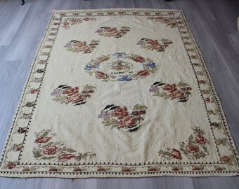 Vintage White Kilim, Embroidered Kilim Rug, Vintage Konya Karapinar Kilim Rug, Bohemian Kilim Rug / 5'4"x7'3" feet / N-460